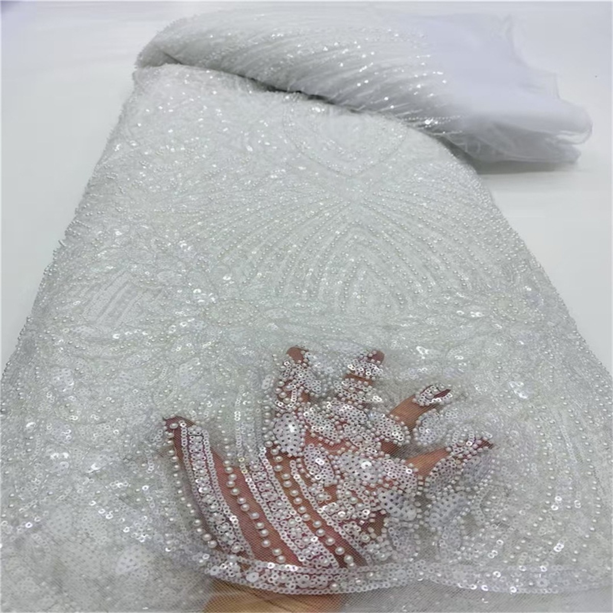 Luxury Crystal Beaded Pearl Embroidered Lace Fabric – 5 Yards for Wedding & Evening Dresses