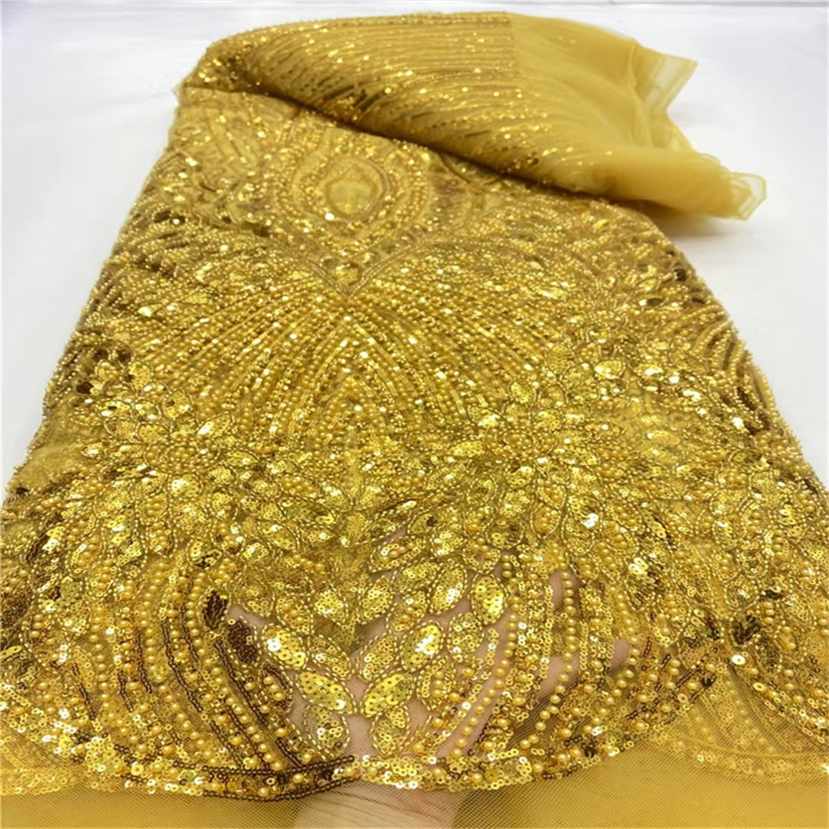 Luxury Crystal Beaded Pearl Embroidered Lace Fabric – 5 Yards for Wedding & Evening Dresses