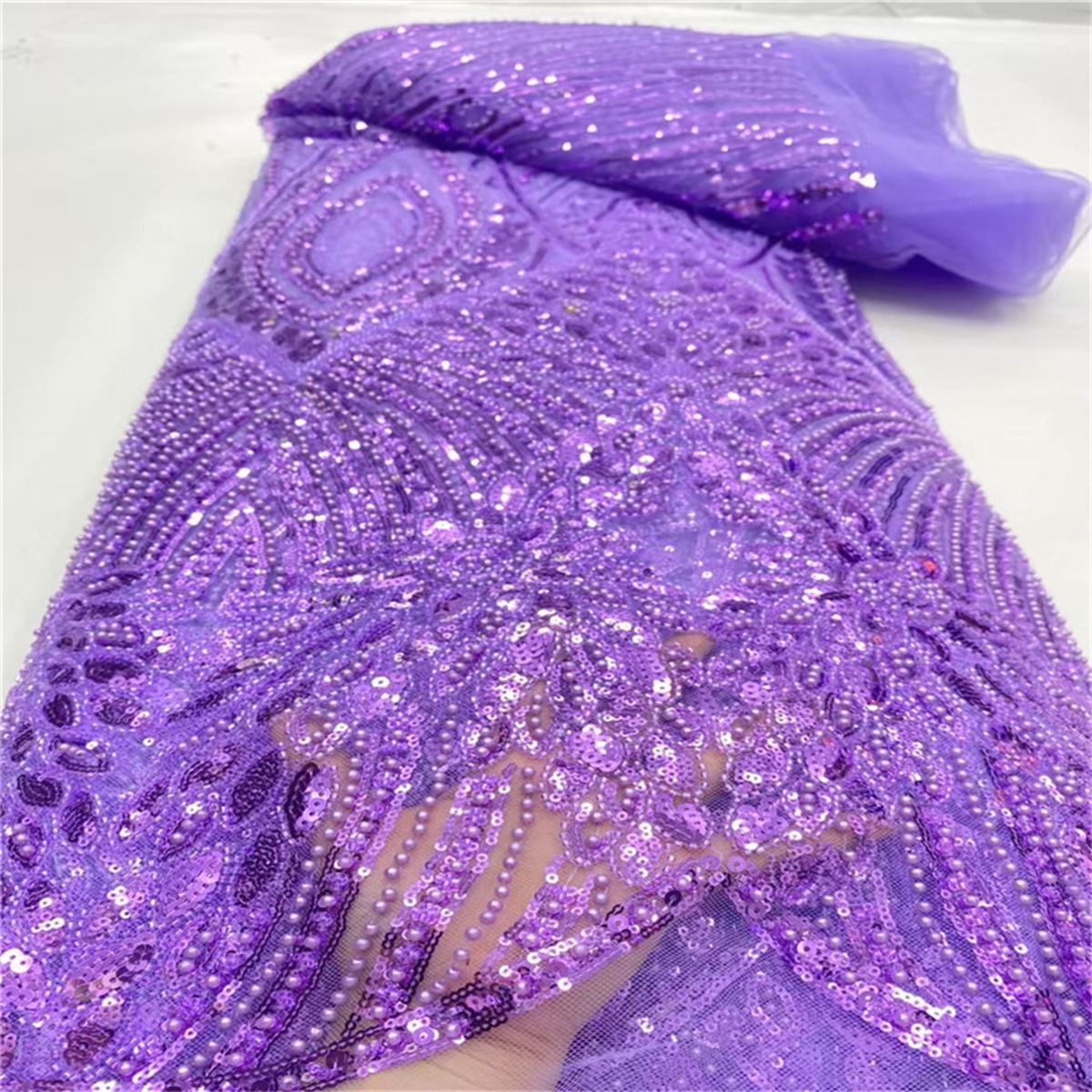 Luxury Crystal Beaded Pearl Embroidered Lace Fabric – 5 Yards for Wedding & Evening Dresses