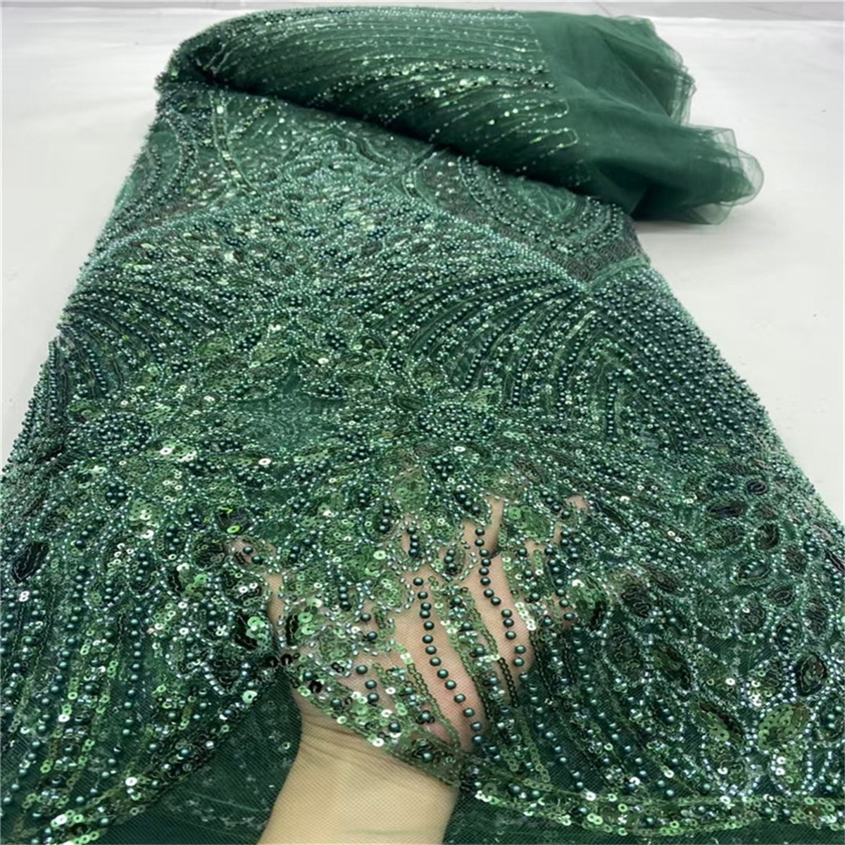 Luxury Crystal Beaded Pearl Embroidered Lace Fabric – 5 Yards for Wedding & Evening Dresses