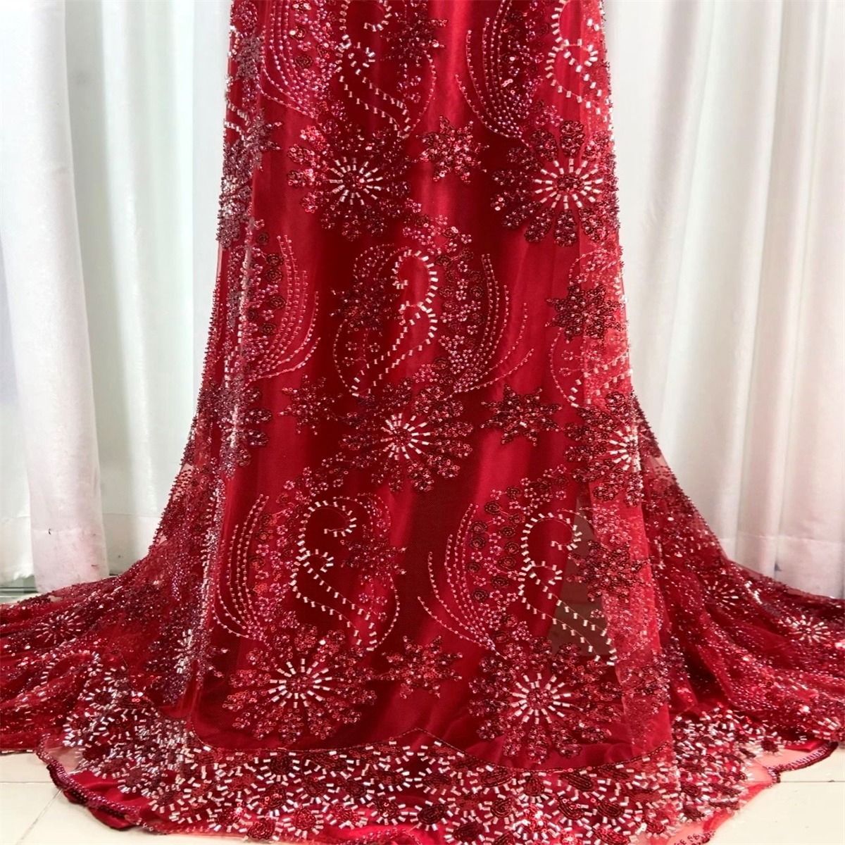 Luxury Colorful Crystal Beaded Embroidered Lace Fabric – 5 Yards for Evening Dresses