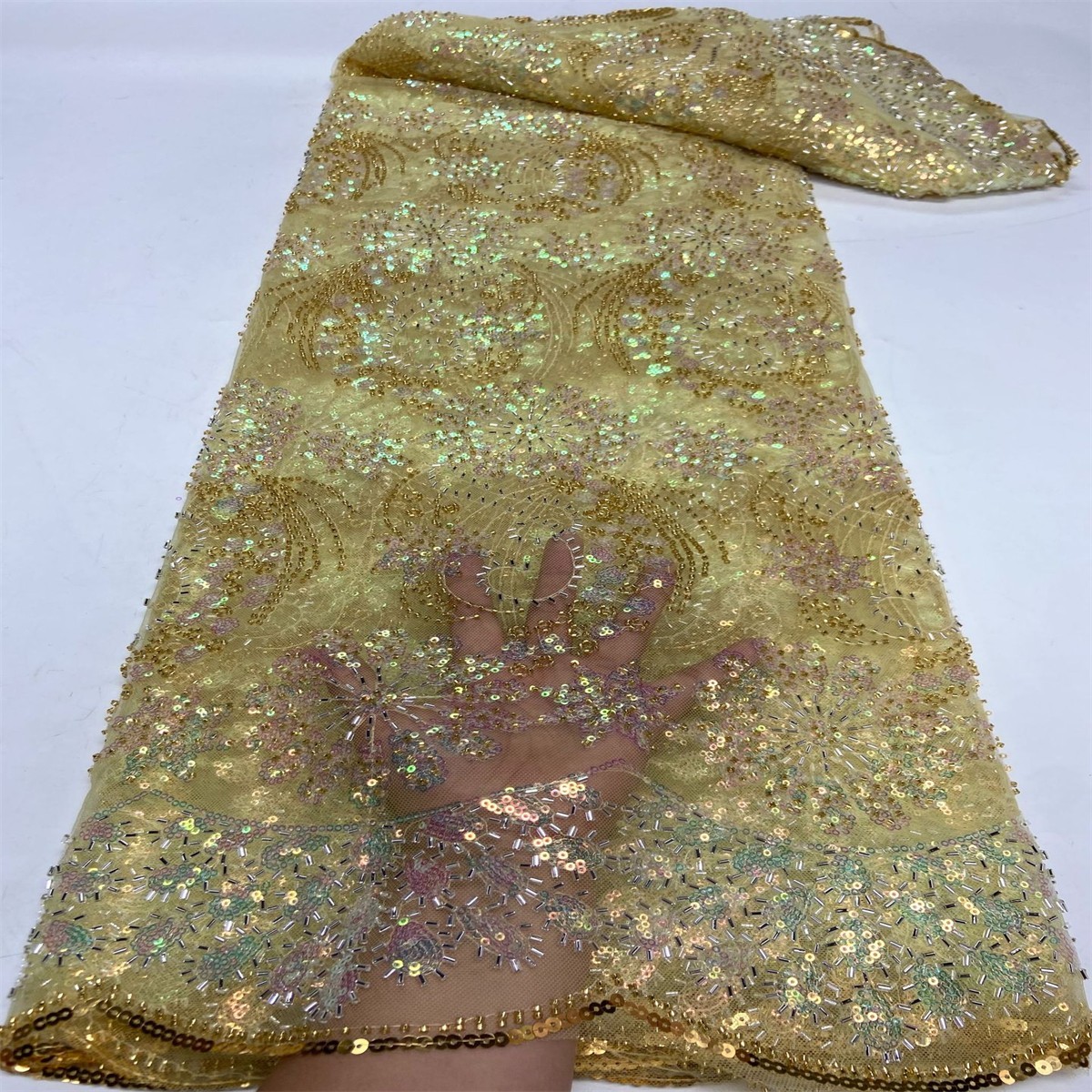 Luxury Colorful Crystal Beaded Embroidered Lace Fabric – 5 Yards for Evening Dresses
