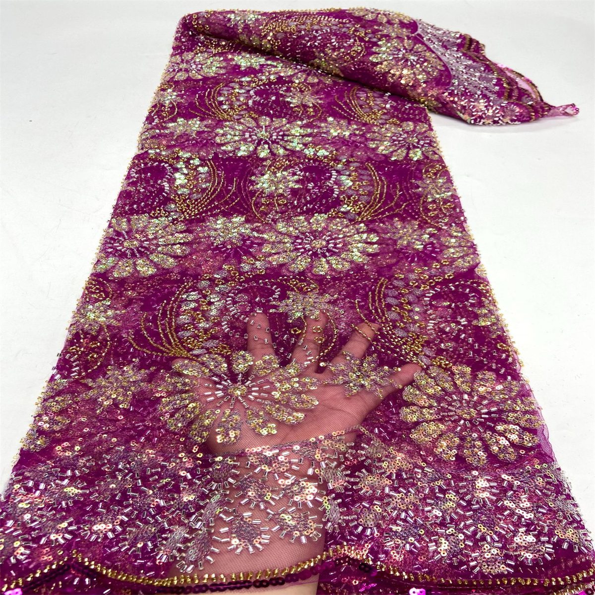 Luxury Colorful Crystal Beaded Embroidered Lace Fabric – 5 Yards for Evening Dresses