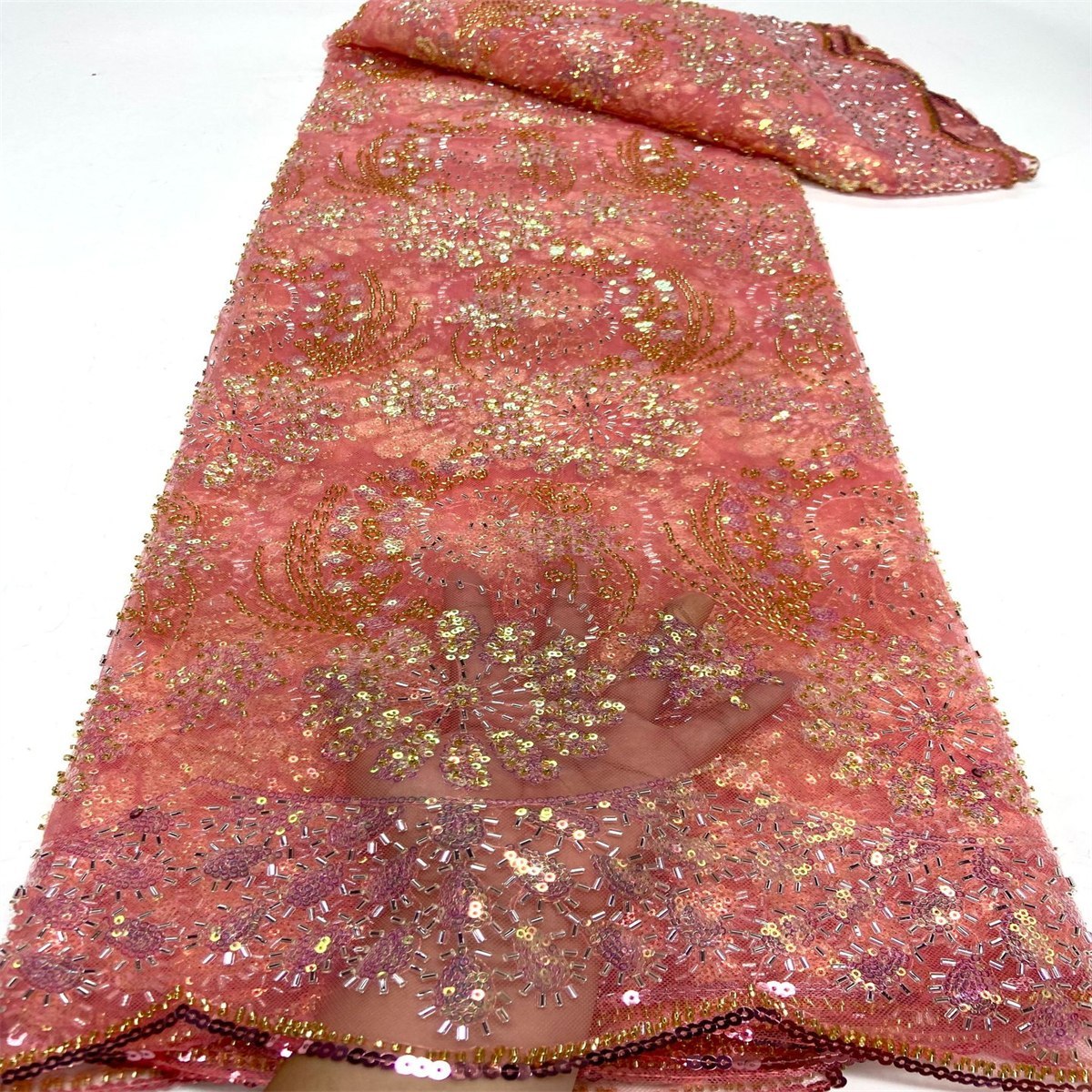 Luxury Colorful Crystal Beaded Embroidered Lace Fabric – 5 Yards for Evening Dresses
