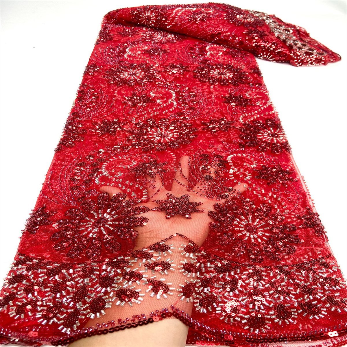 Luxury Colorful Crystal Beaded Embroidered Lace Fabric – 5 Yards for Evening Dresses
