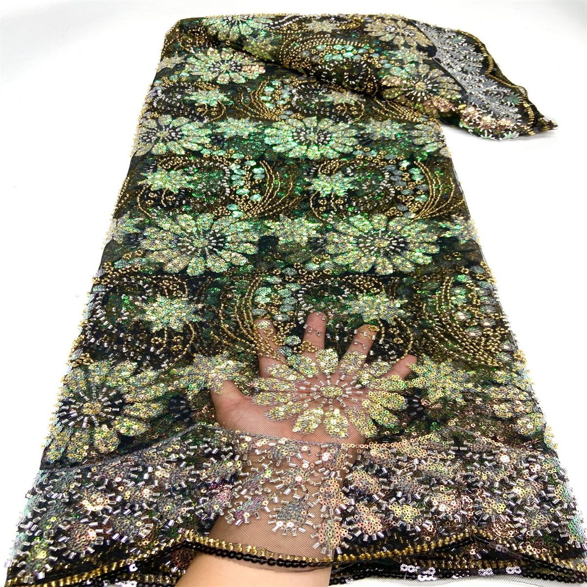 Luxury Colorful Crystal Beaded Embroidered Lace Fabric – 5 Yards for Evening Dresses