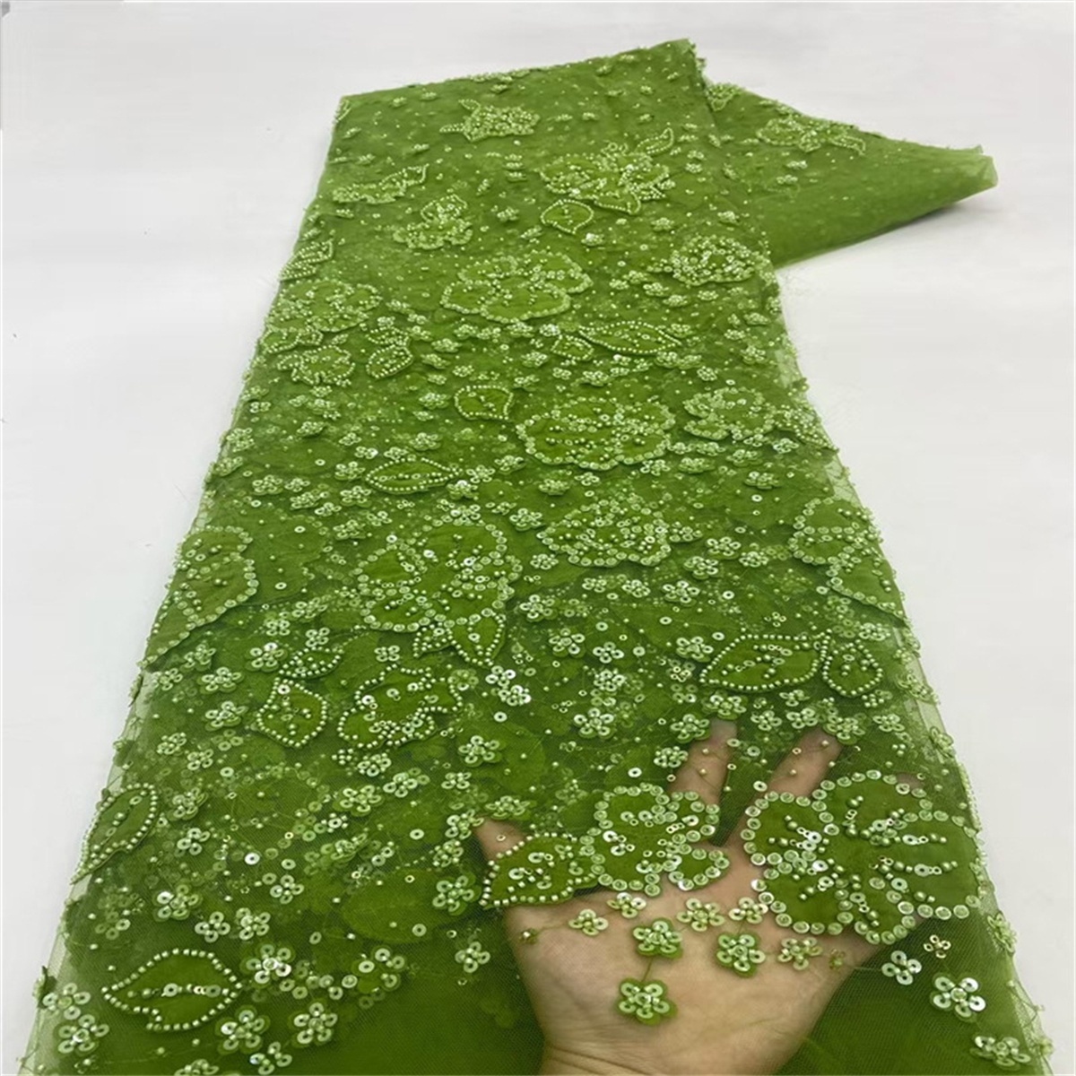 Luxury Crystal Beaded Pearl Embroidered Lace Fabric with 3D Flowers – 5 Yards for Wedding & Evening Dresses
