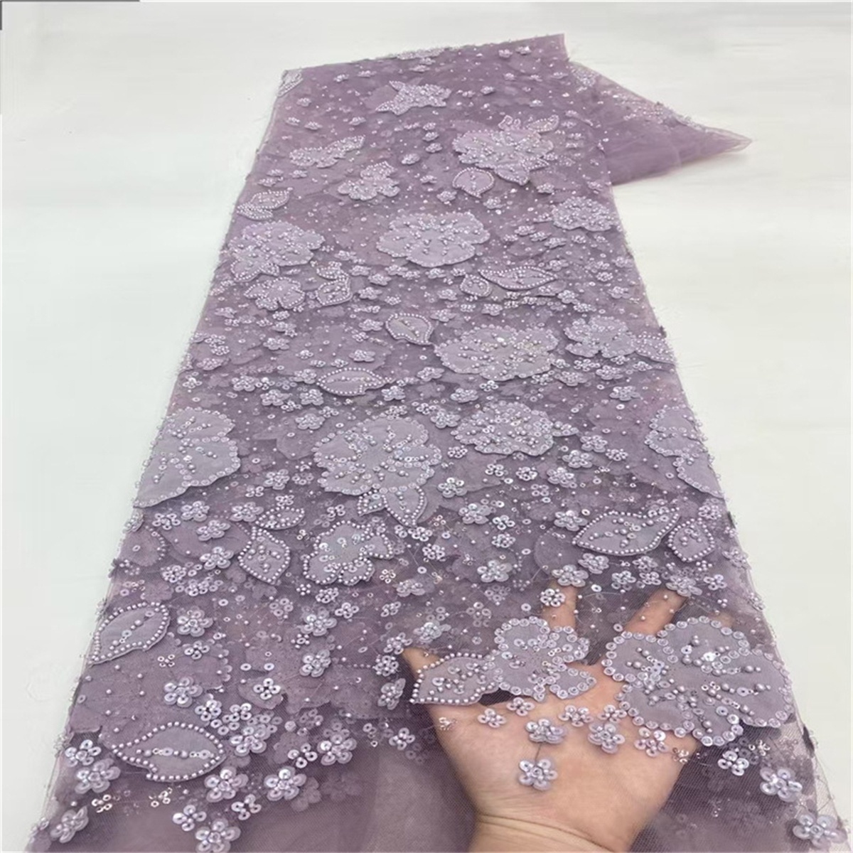 Luxury Crystal Beaded Pearl Embroidered Lace Fabric with 3D Flowers – 5 Yards for Wedding & Evening Dresses