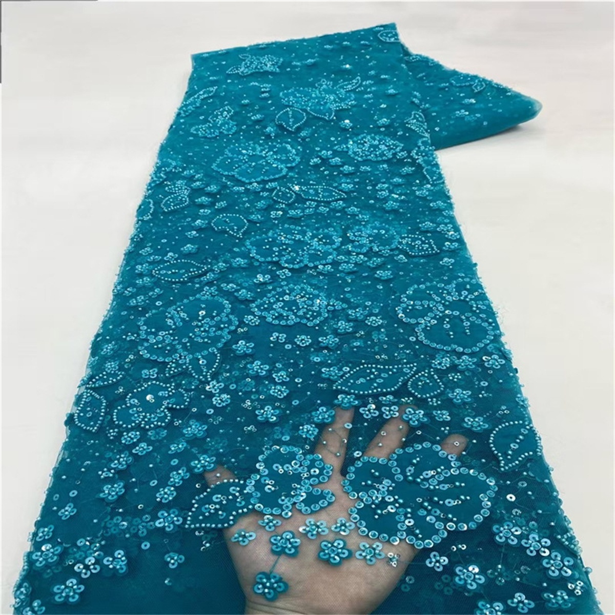 Luxury Crystal Beaded Pearl Embroidered Lace Fabric with 3D Flowers – 5 Yards for Wedding & Evening Dresses