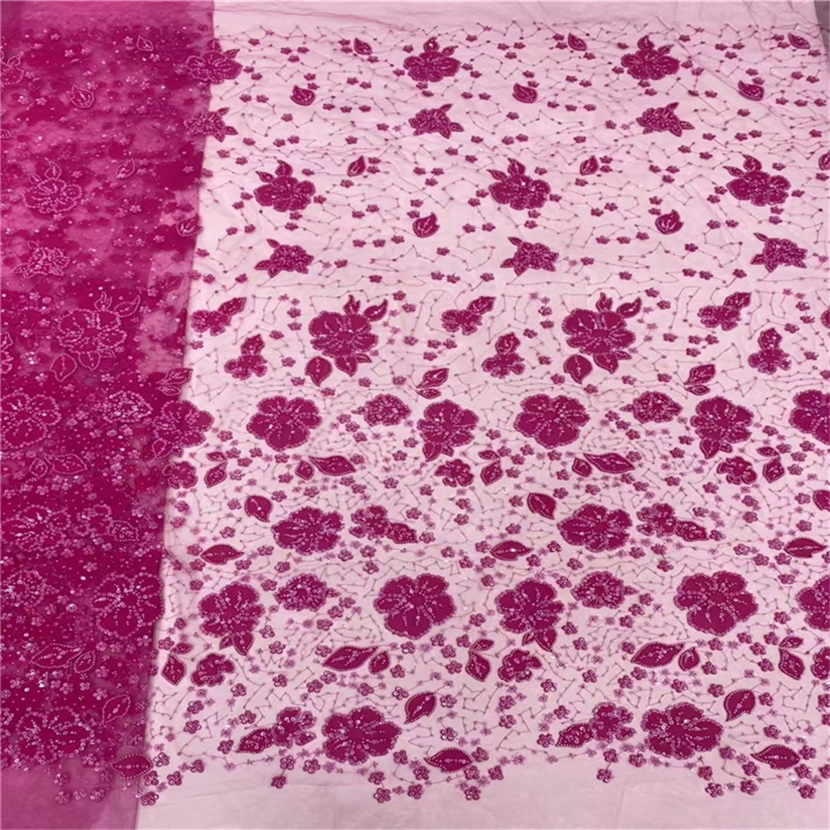 Luxury Crystal Beaded Pearl Embroidered Lace Fabric with 3D Flowers – 5 Yards for Wedding & Evening Dresses