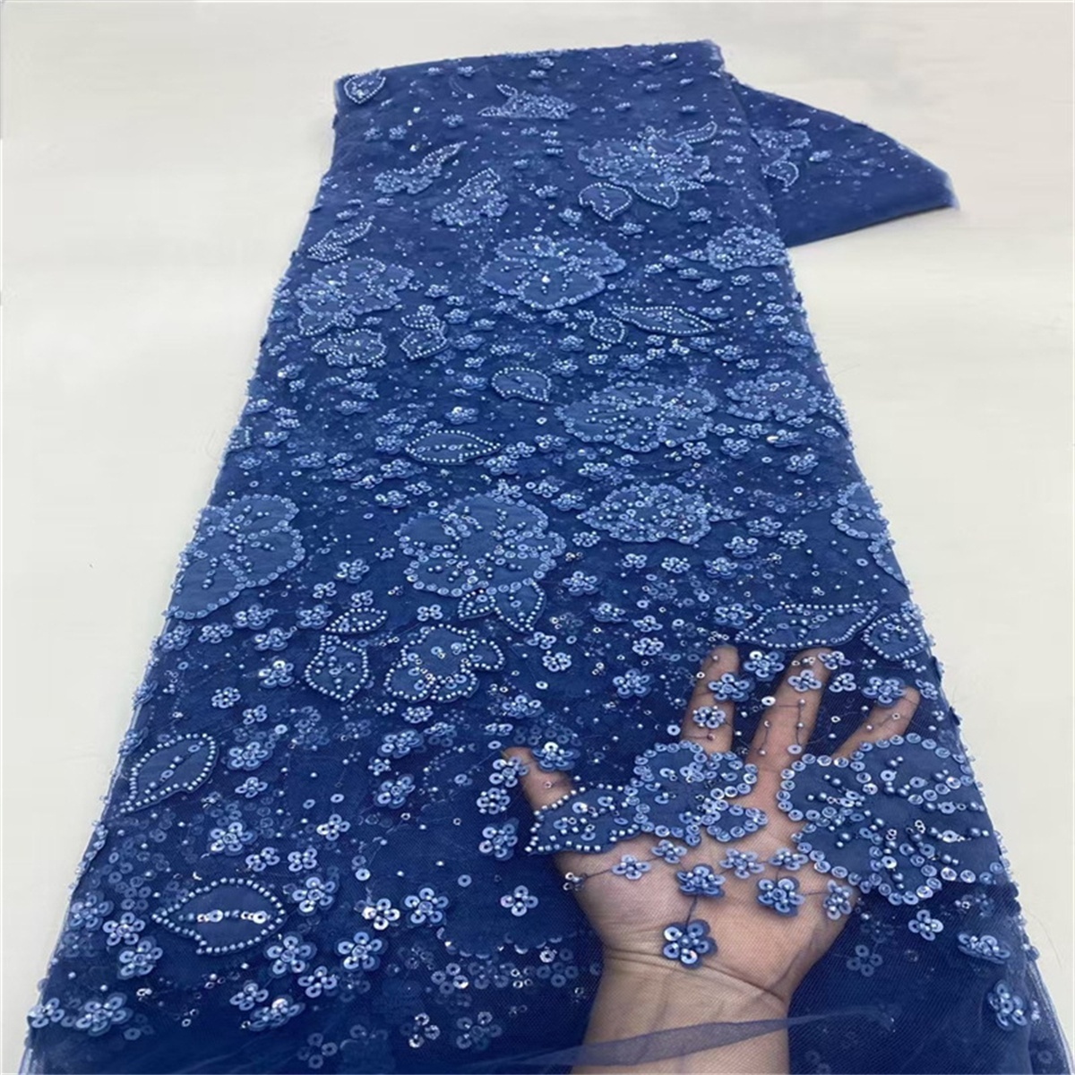 Luxury Crystal Beaded Pearl Embroidered Lace Fabric with 3D Flowers – 5 Yards for Wedding & Evening Dresses