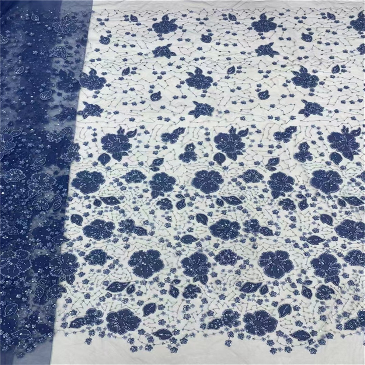 Luxury Crystal Beaded Pearl Embroidered Lace Fabric with 3D Flowers – 5 Yards for Wedding & Evening Dresses