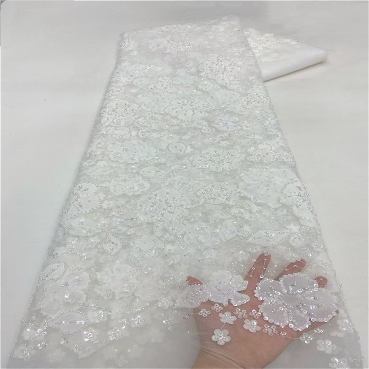Luxury Crystal Beaded Pearl Embroidered Lace Fabric with 3D Flowers – 5 Yards for Wedding & Evening Dresses