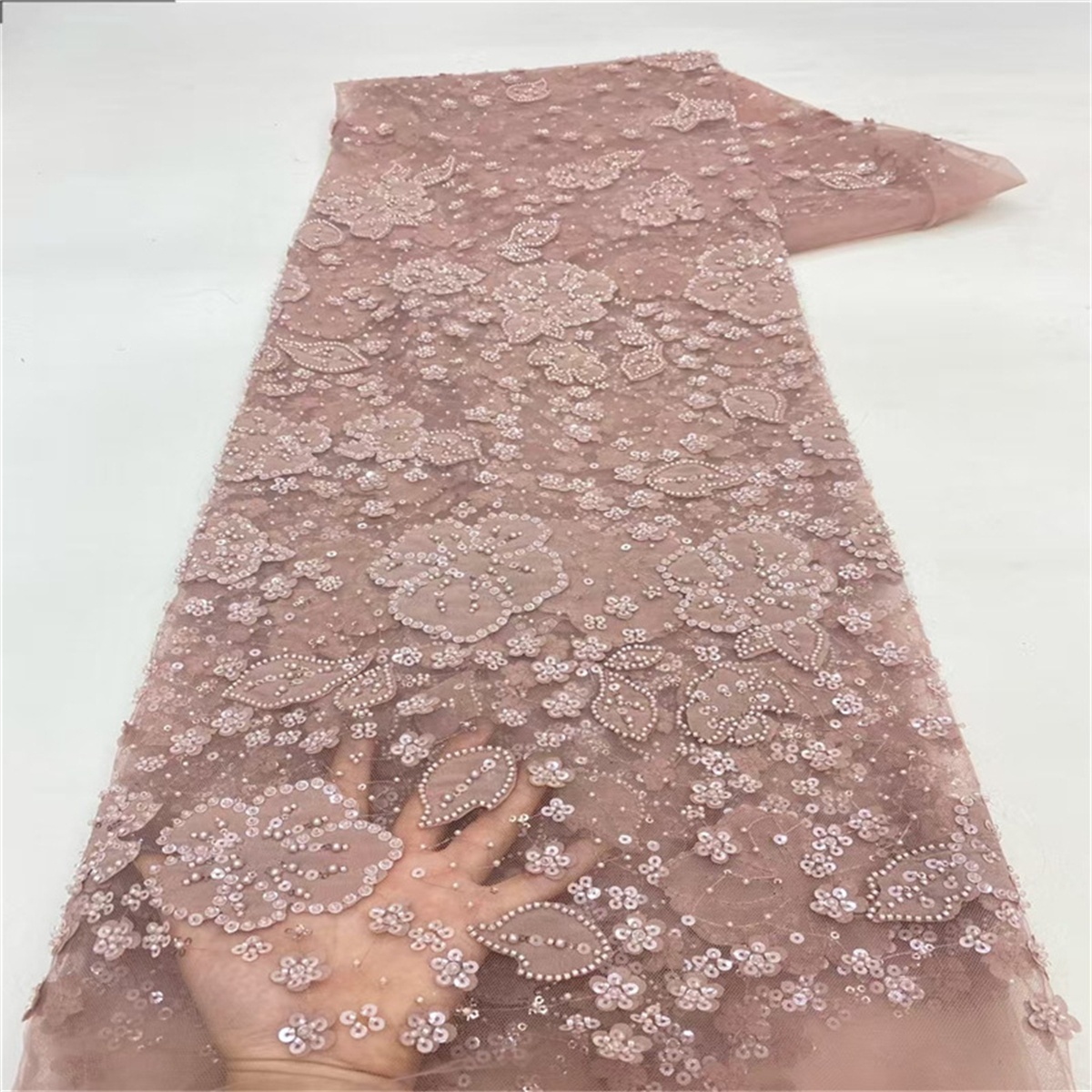 Luxury Crystal Beaded Pearl Embroidered Lace Fabric with 3D Flowers – 5 Yards for Wedding & Evening Dresses