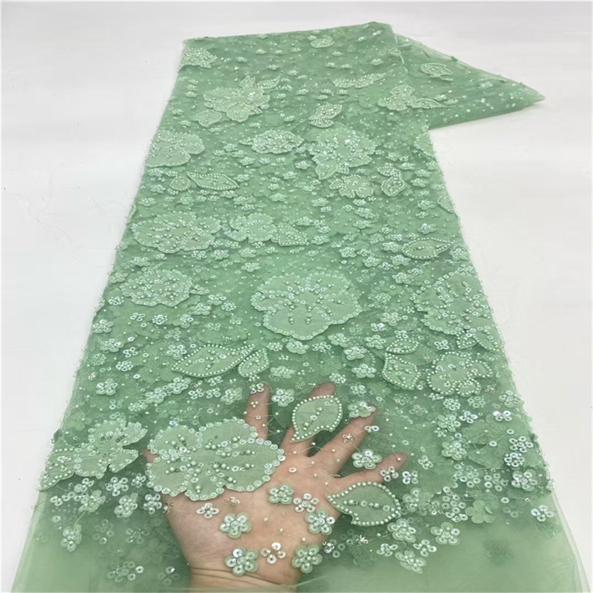 Luxury Crystal Beaded Pearl Embroidered Lace Fabric with 3D Flowers – 5 Yards for Wedding & Evening Dresses