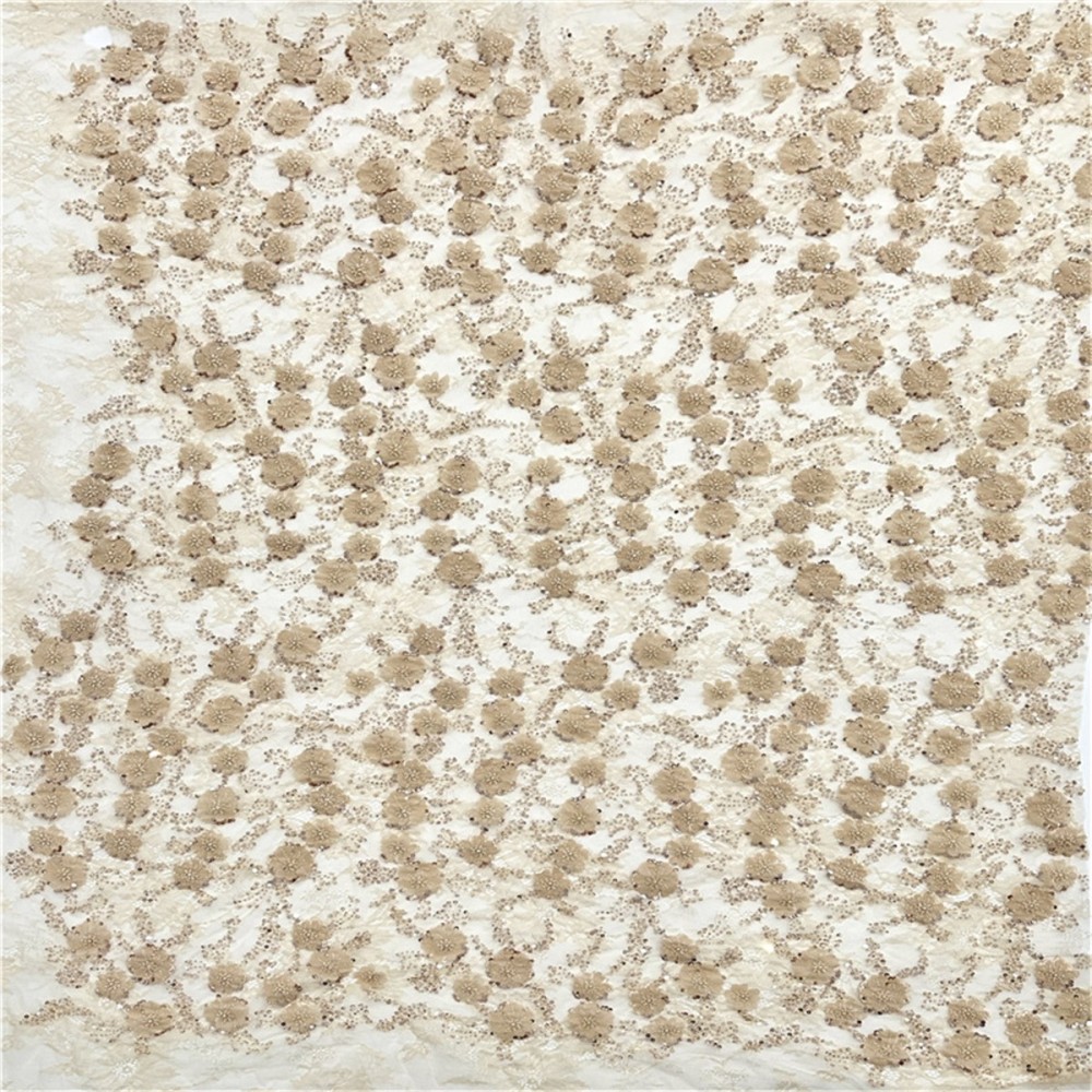 Luxury Crystal Beaded Pearl Chantilly Lace Fabric with Hand 3D Flowers – 5 Yards for Wedding & Evening Dresses