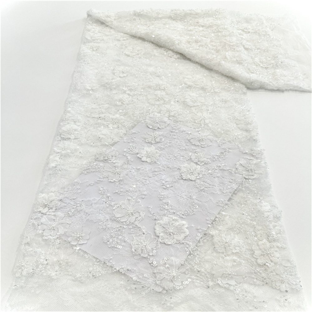 Luxury Crystal Beaded Pearl Chantilly Lace Fabric with Hand 3D Flowers – 5 Yards for Wedding & Evening Dresses