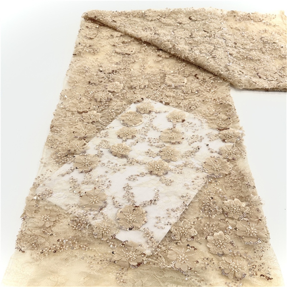 Luxury Crystal Beaded Pearl Chantilly Lace Fabric with Hand 3D Flowers – 5 Yards for Wedding & Evening Dresses