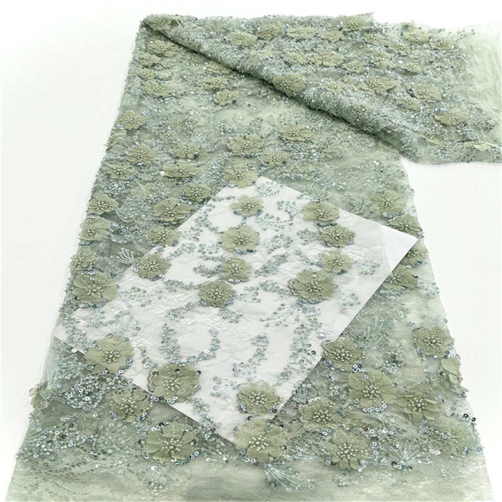 Luxury Crystal Beaded Pearl Chantilly Lace Fabric with Hand 3D Flowers – 5 Yards for Wedding & Evening Dresses