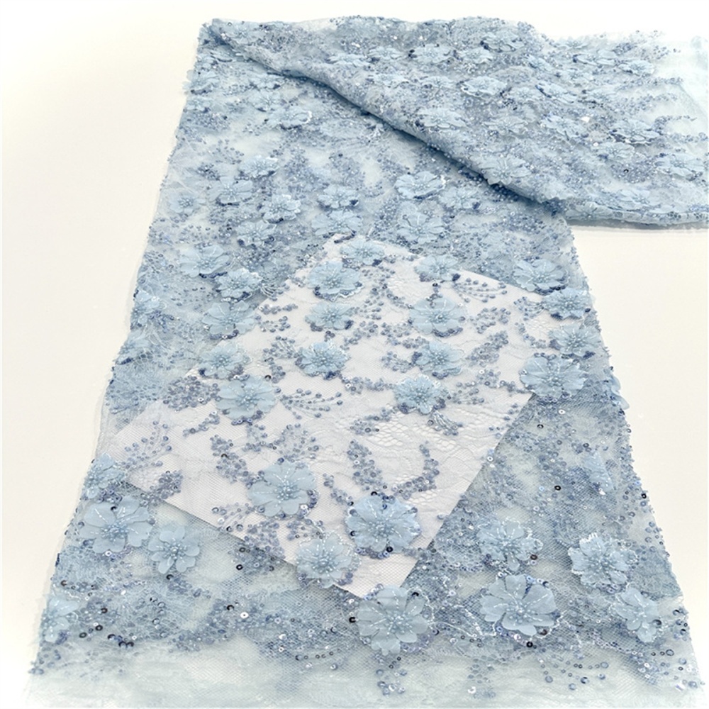 Luxury Crystal Beaded Pearl Chantilly Lace Fabric with Hand 3D Flowers – 5 Yards for Wedding & Evening Dresses