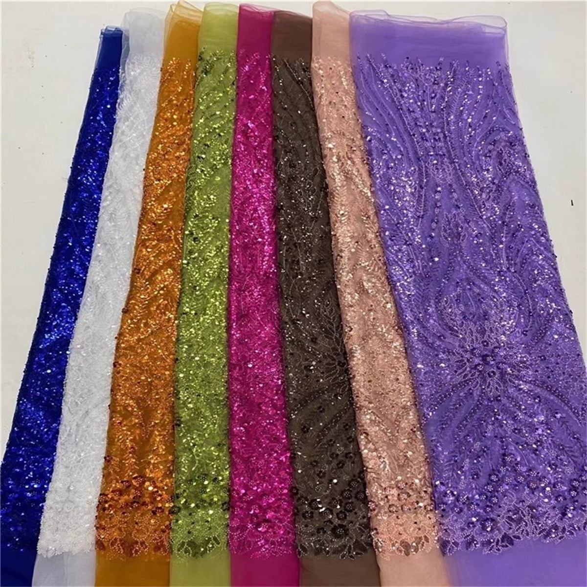 Luxury Crystal Beaded Pearl Embroidered Lace Fabric – 5 Yards for Wedding & Evening Dresses