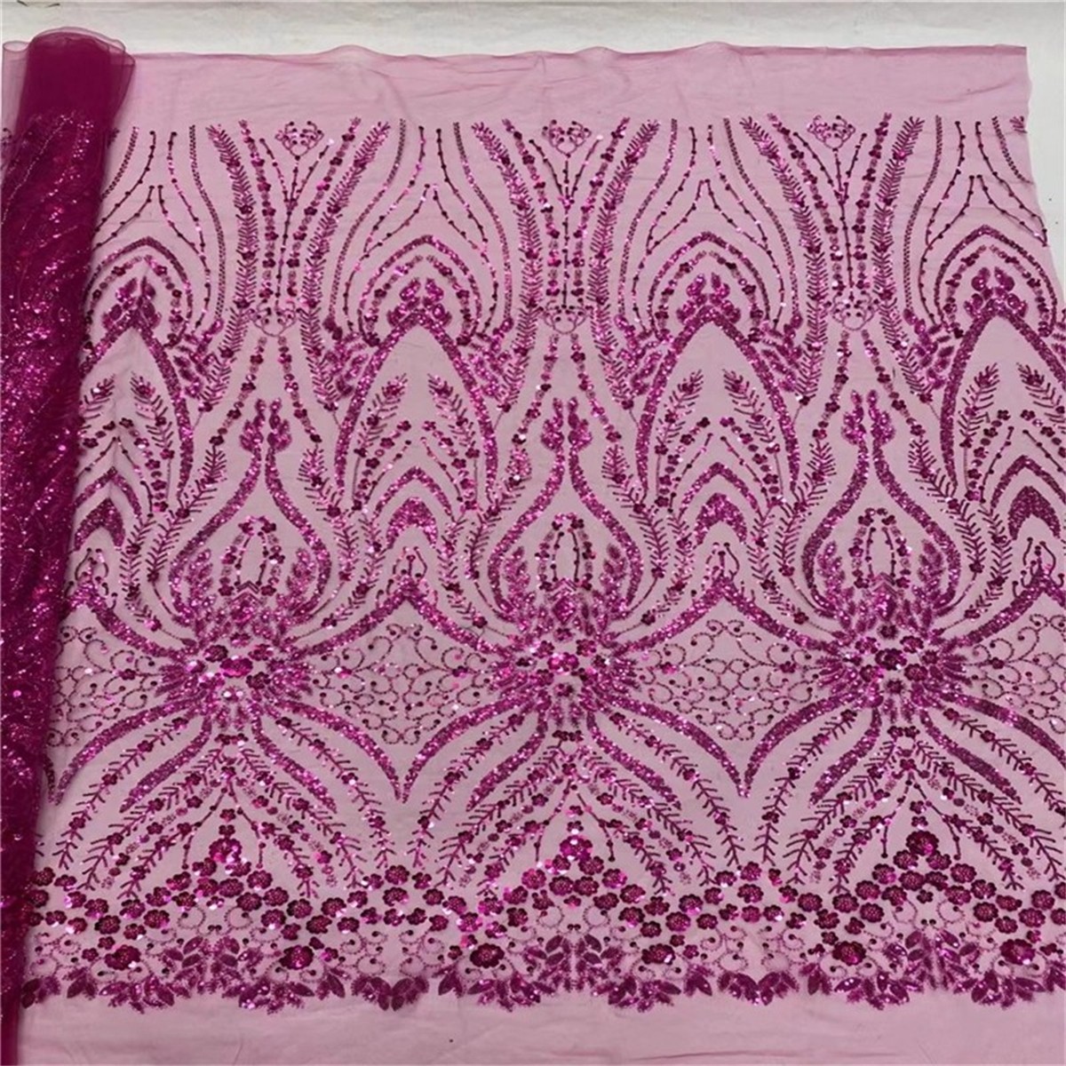 Luxury Crystal Beaded Pearl Embroidered Lace Fabric – 5 Yards for Wedding & Evening Dresses