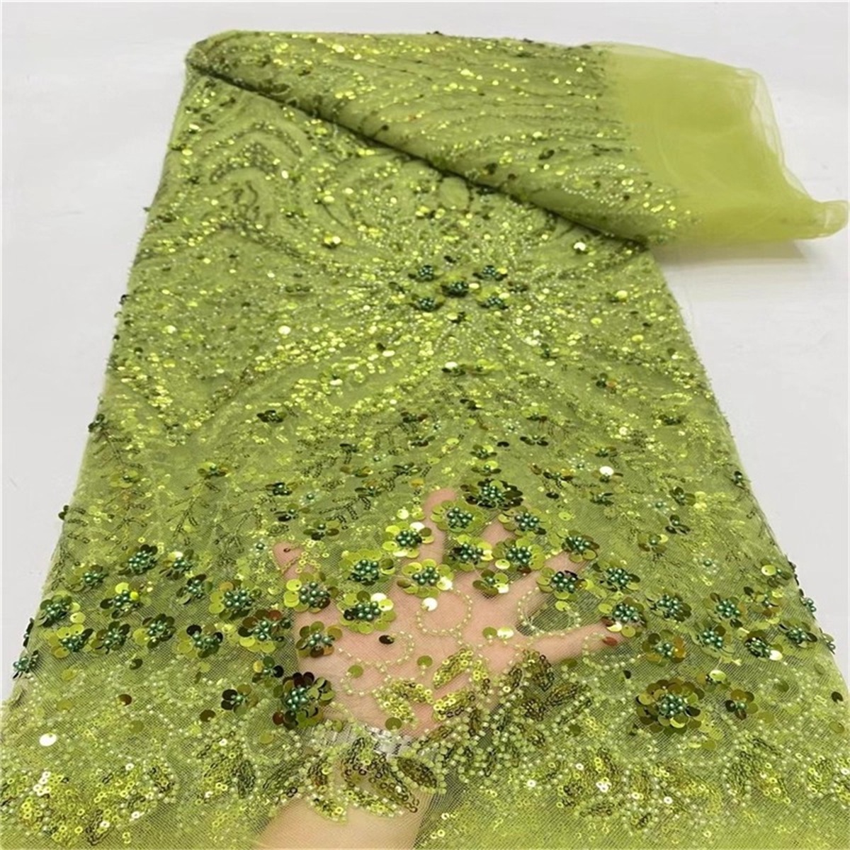 Luxury Crystal Beaded Pearl Embroidered Lace Fabric – 5 Yards for Wedding & Evening Dresses