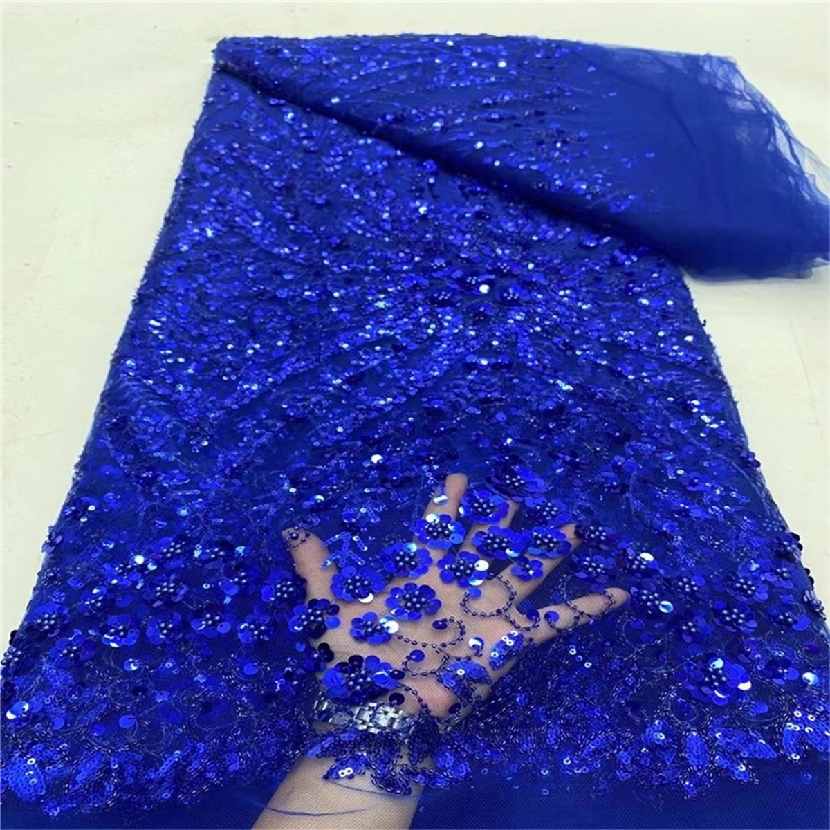 Luxury Crystal Beaded Pearl Embroidered Lace Fabric – 5 Yards for Wedding & Evening Dresses