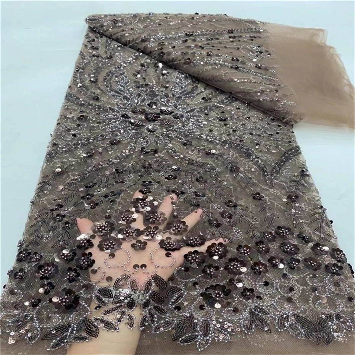 Luxury Crystal Beaded Pearl Embroidered Lace Fabric – 5 Yards for Wedding & Evening Dresses