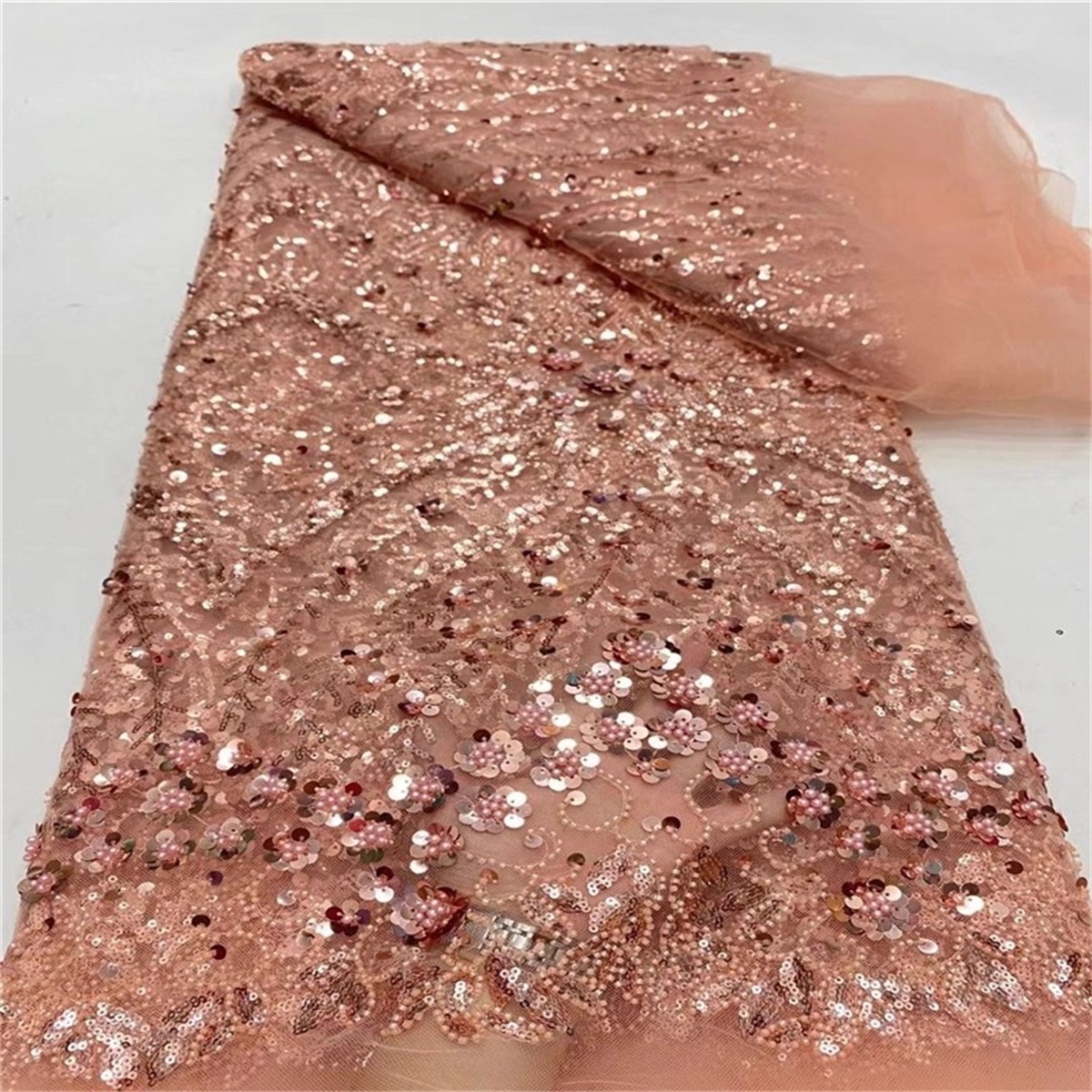 Luxury Crystal Beaded Pearl Embroidered Lace Fabric – 5 Yards for Wedding & Evening Dresses