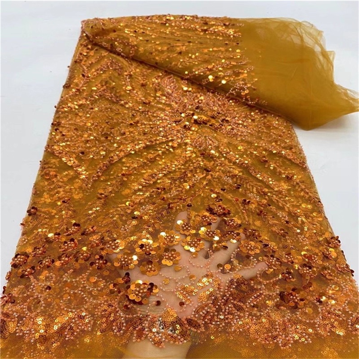 Luxury Crystal Beaded Pearl Embroidered Lace Fabric – 5 Yards for Wedding & Evening Dresses
