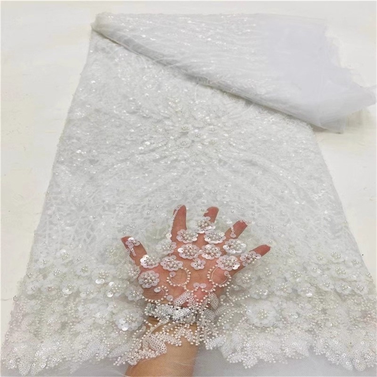 Luxury Crystal Beaded Pearl Embroidered Lace Fabric – 5 Yards for Wedding & Evening Dresses