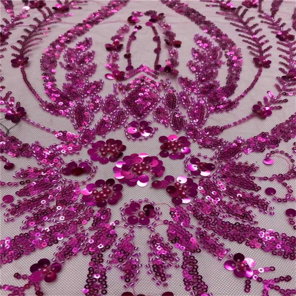 Luxury Crystal Beaded Pearl Embroidered Lace Fabric – 5 Yards for Wedding & Evening Dresses