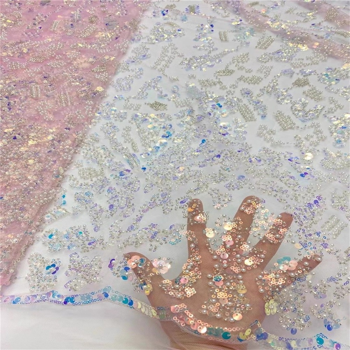 Luxury Colorful Crystal Beaded Pearl Embroidered Lace Fabric – 5 Yards for Wedding & Evening Dresses