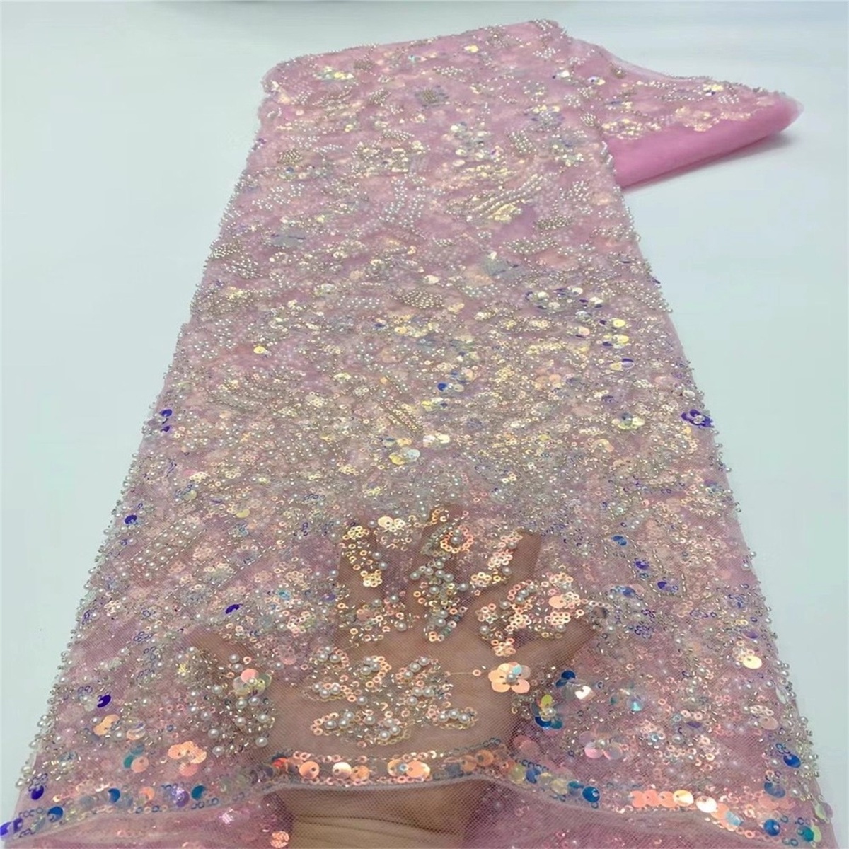 Luxury Colorful Crystal Beaded Pearl Embroidered Lace Fabric – 5 Yards for Wedding & Evening Dresses