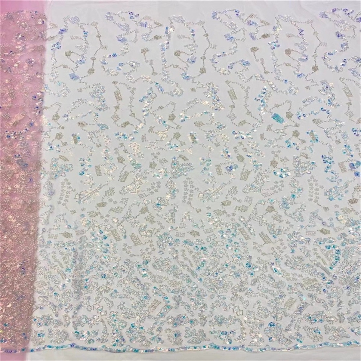 Luxury Colorful Crystal Beaded Pearl Embroidered Lace Fabric – 5 Yards for Wedding & Evening Dresses