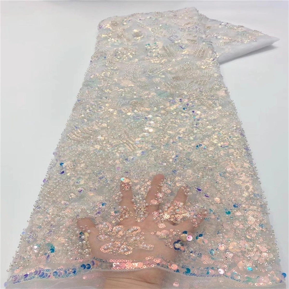 Luxury Colorful Crystal Beaded Pearl Embroidered Lace Fabric – 5 Yards for Wedding & Evening Dresses
