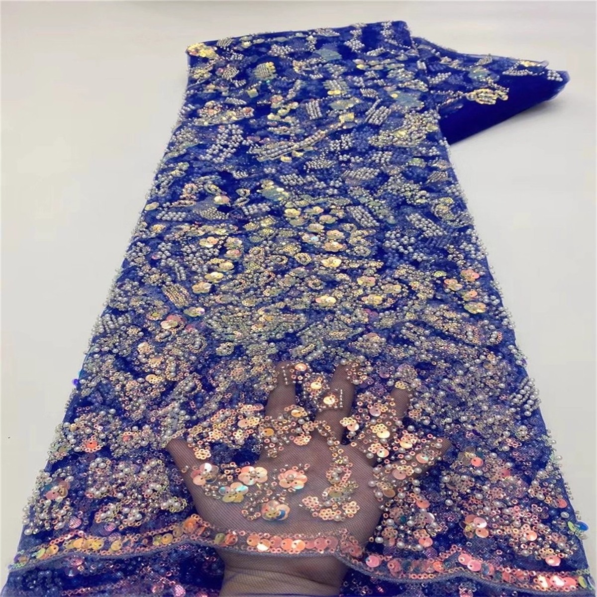 Luxury Colorful Crystal Beaded Pearl Embroidered Lace Fabric – 5 Yards for Wedding & Evening Dresses