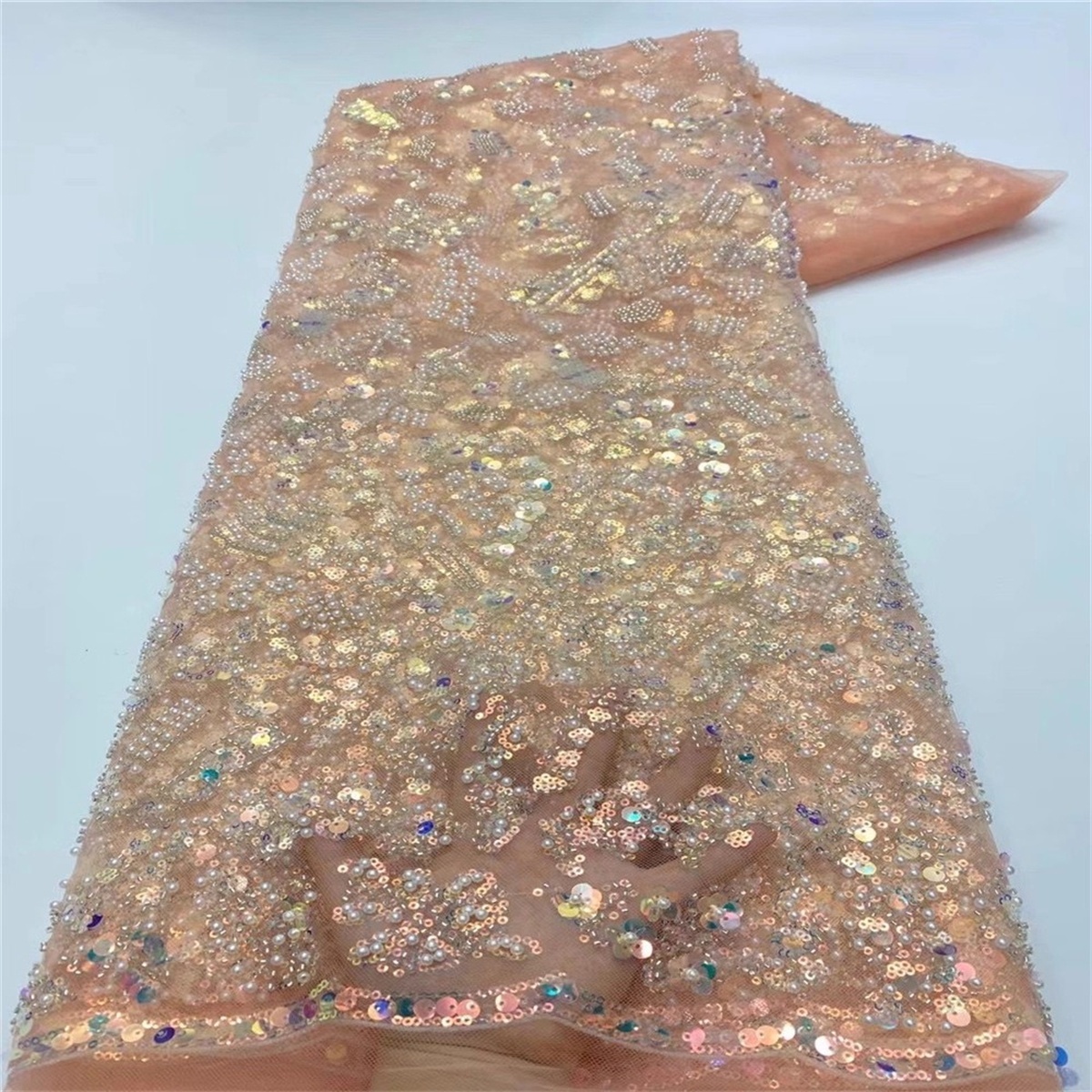 Luxury Colorful Crystal Beaded Pearl Embroidered Lace Fabric – 5 Yards for Wedding & Evening Dresses