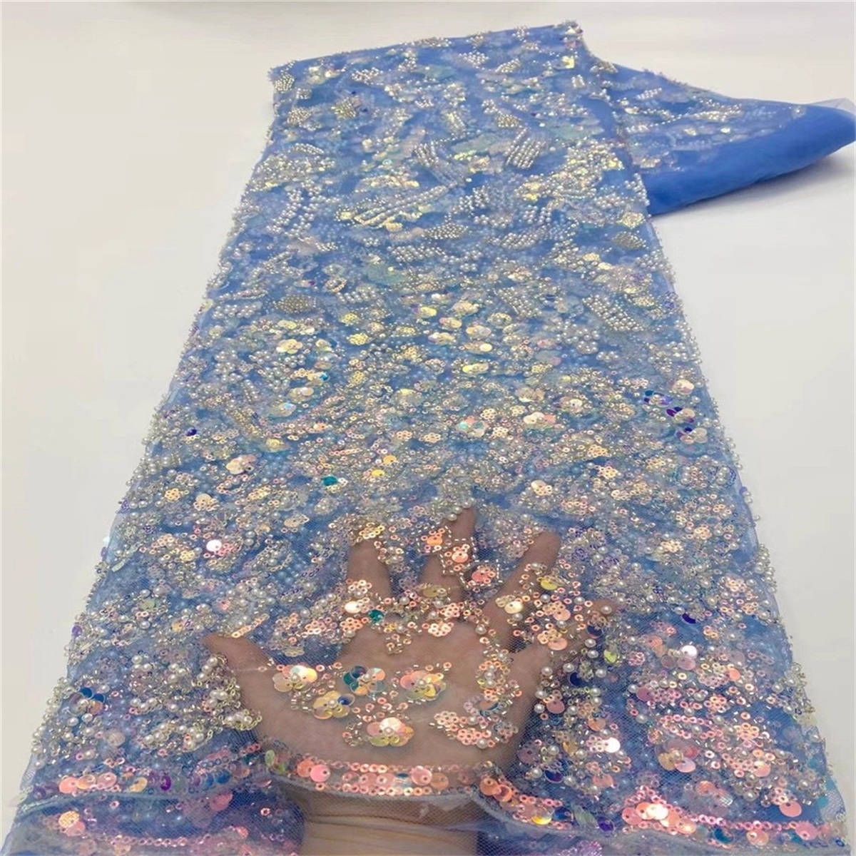 Luxury Colorful Crystal Beaded Pearl Embroidered Lace Fabric – 5 Yards for Wedding & Evening Dresses
