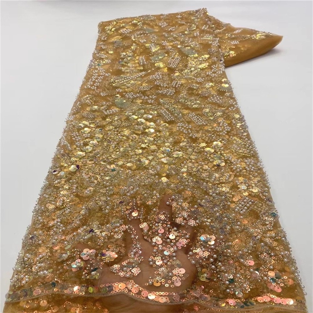 Luxury Colorful Crystal Beaded Pearl Embroidered Lace Fabric – 5 Yards for Wedding & Evening Dresses