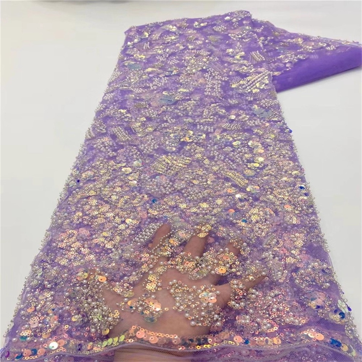 Luxury Colorful Crystal Beaded Pearl Embroidered Lace Fabric – 5 Yards for Wedding & Evening Dresses