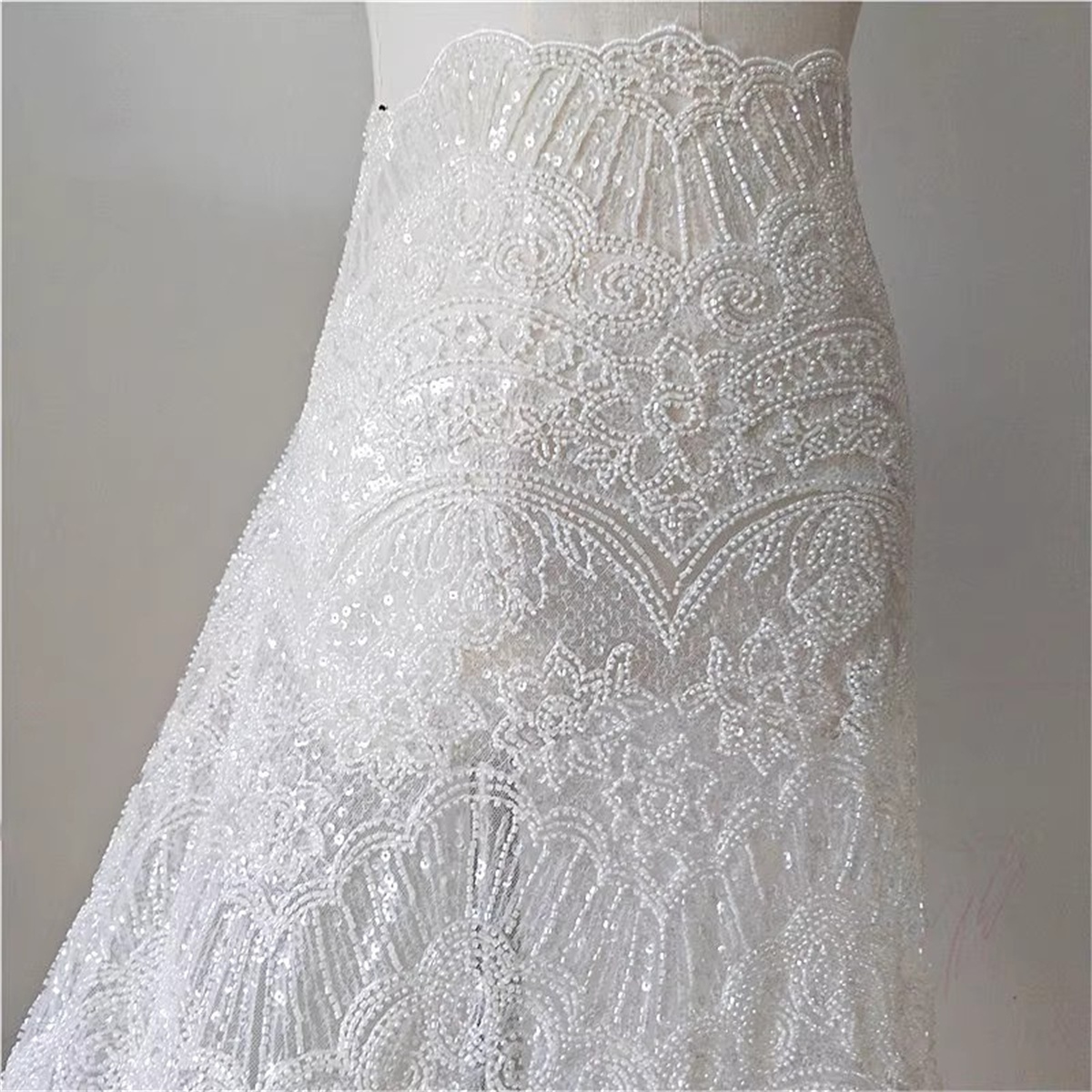 1 Yard Heavy Beaded Bridal Lace Fabric (Off White)