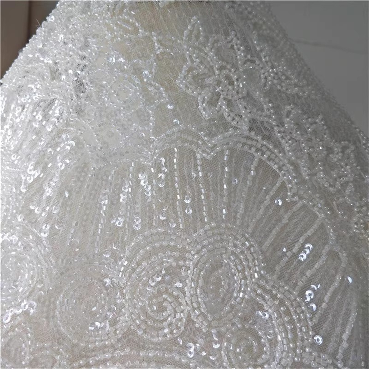 1 Yard Heavy Beaded Bridal Lace Fabric (Off White)