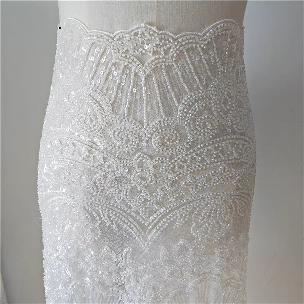 1 Yard Heavy Beaded Bridal Lace Fabric (Off White)