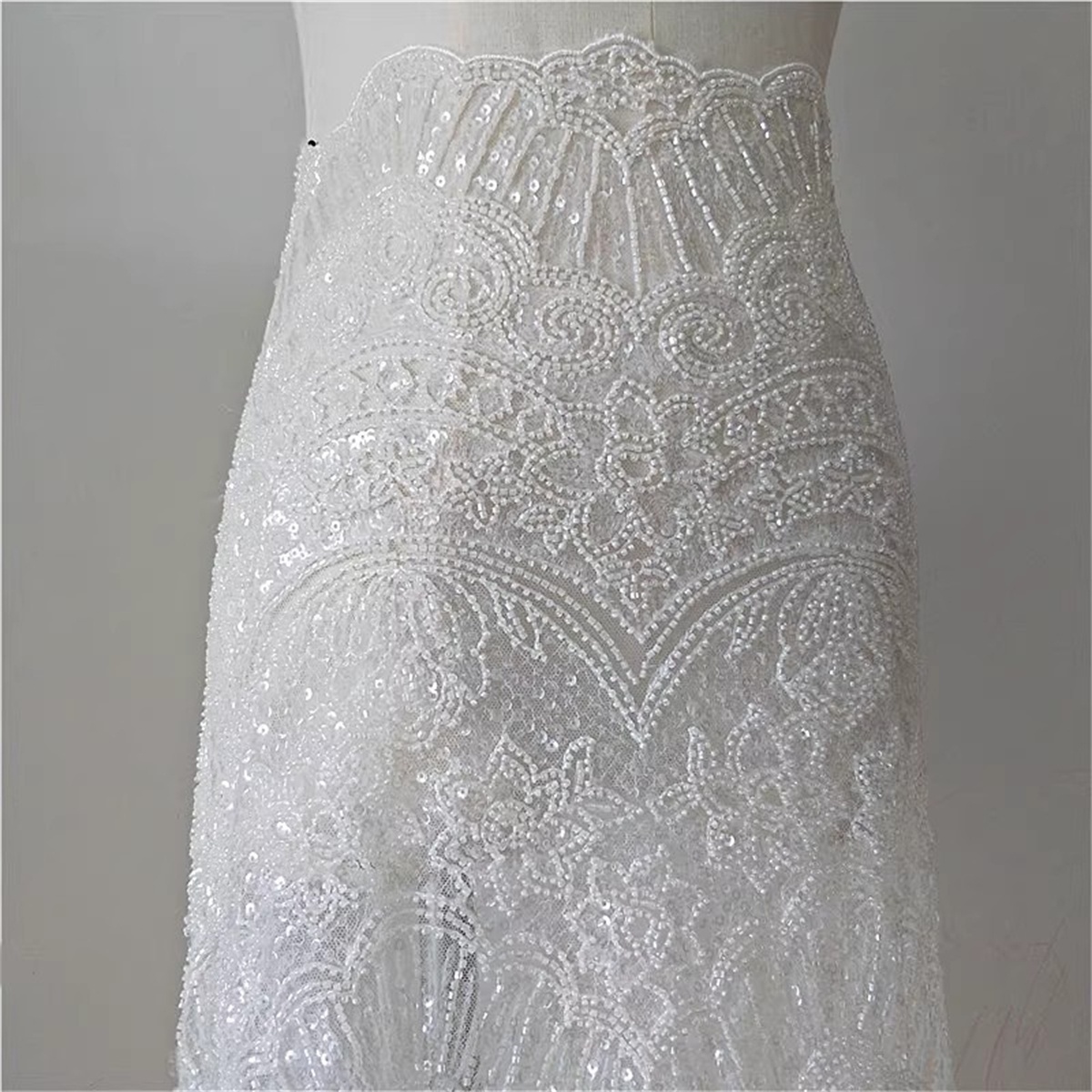 1 Yard Heavy Beaded Bridal Lace Fabric (Off White)