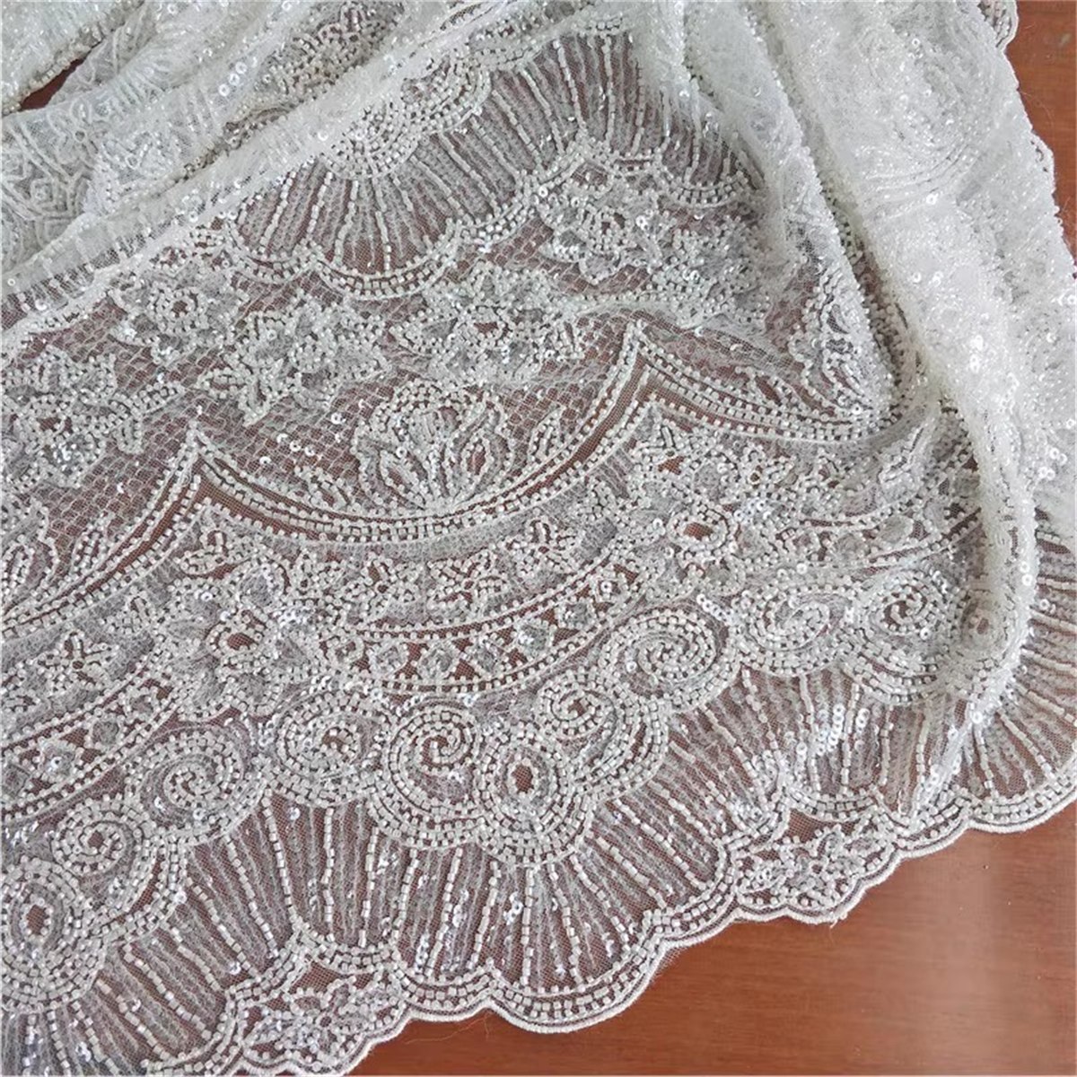 1 Yard Heavy Beaded Bridal Lace Fabric (Off White)