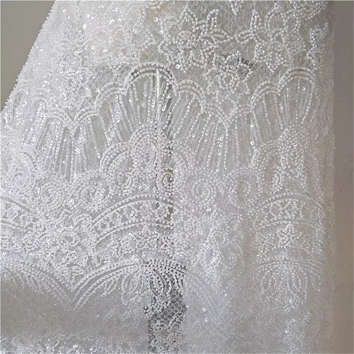 1 Yard Heavy Beaded Bridal Lace Fabric (Off White)