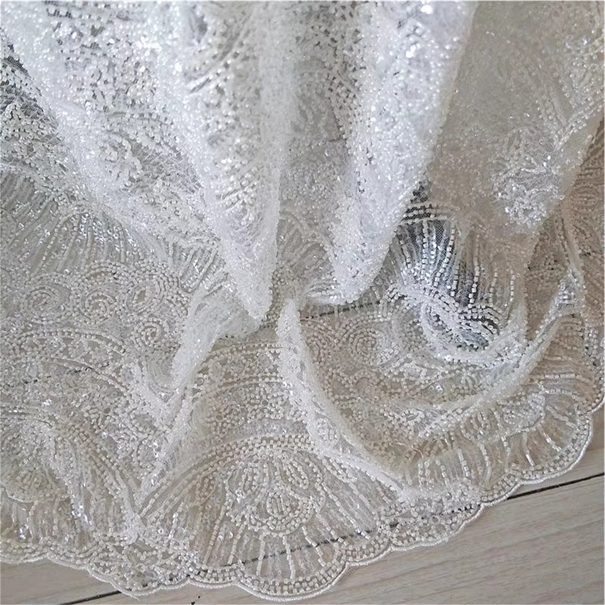1 Yard Heavy Beaded Bridal Lace Fabric (Off White)