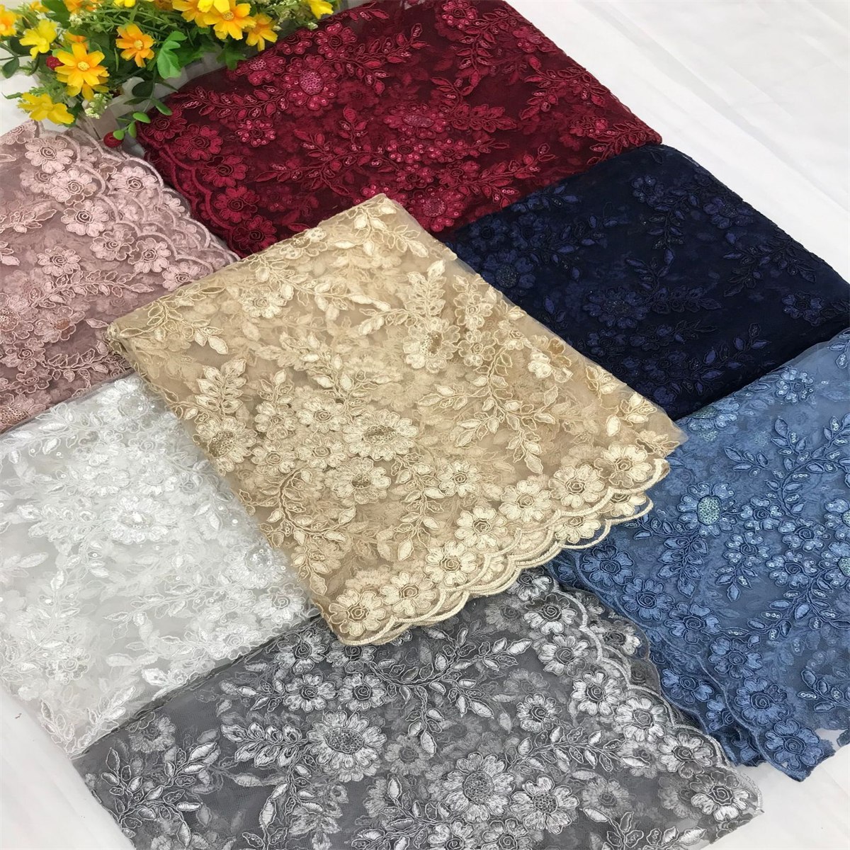 5 Yards Corded Sequin Embroidered Lace Fabric for Wedding & Evening Gowns